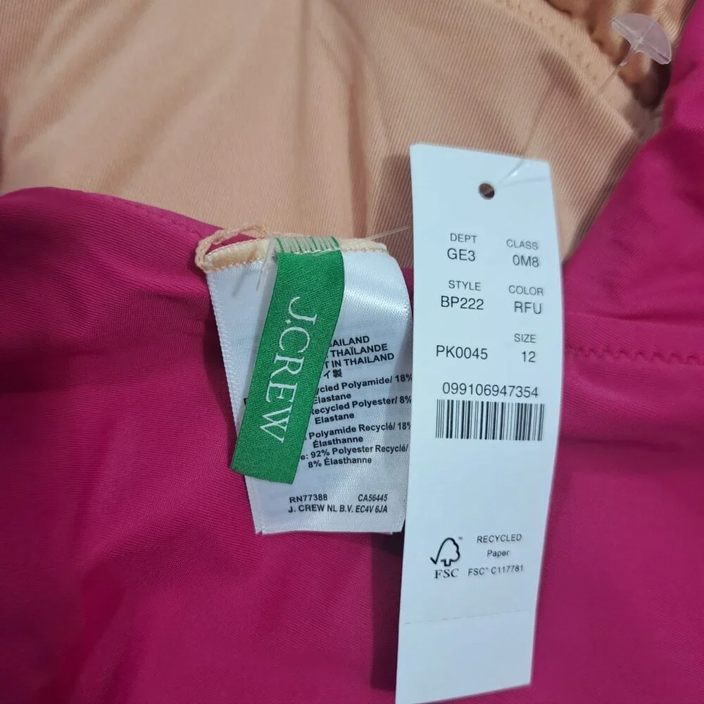 J. Crew One Piece Swimsuit SIze 12 Ruched V Neck Ruffled‎ Hot Pink Fuchsia New